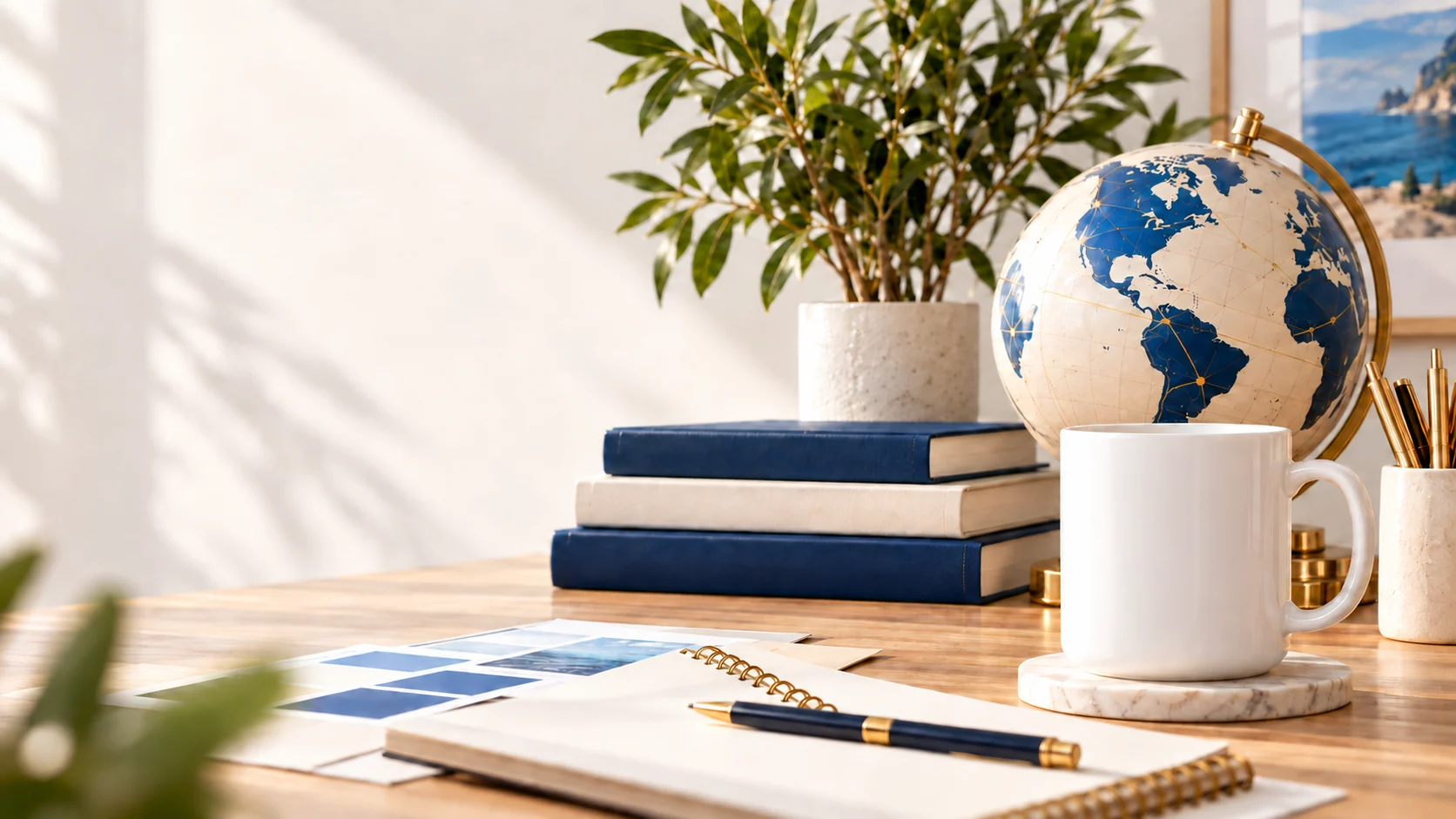Creative studio still life with blue and ivory books, a globe, and a white cup bearing the ZingCrafter logo