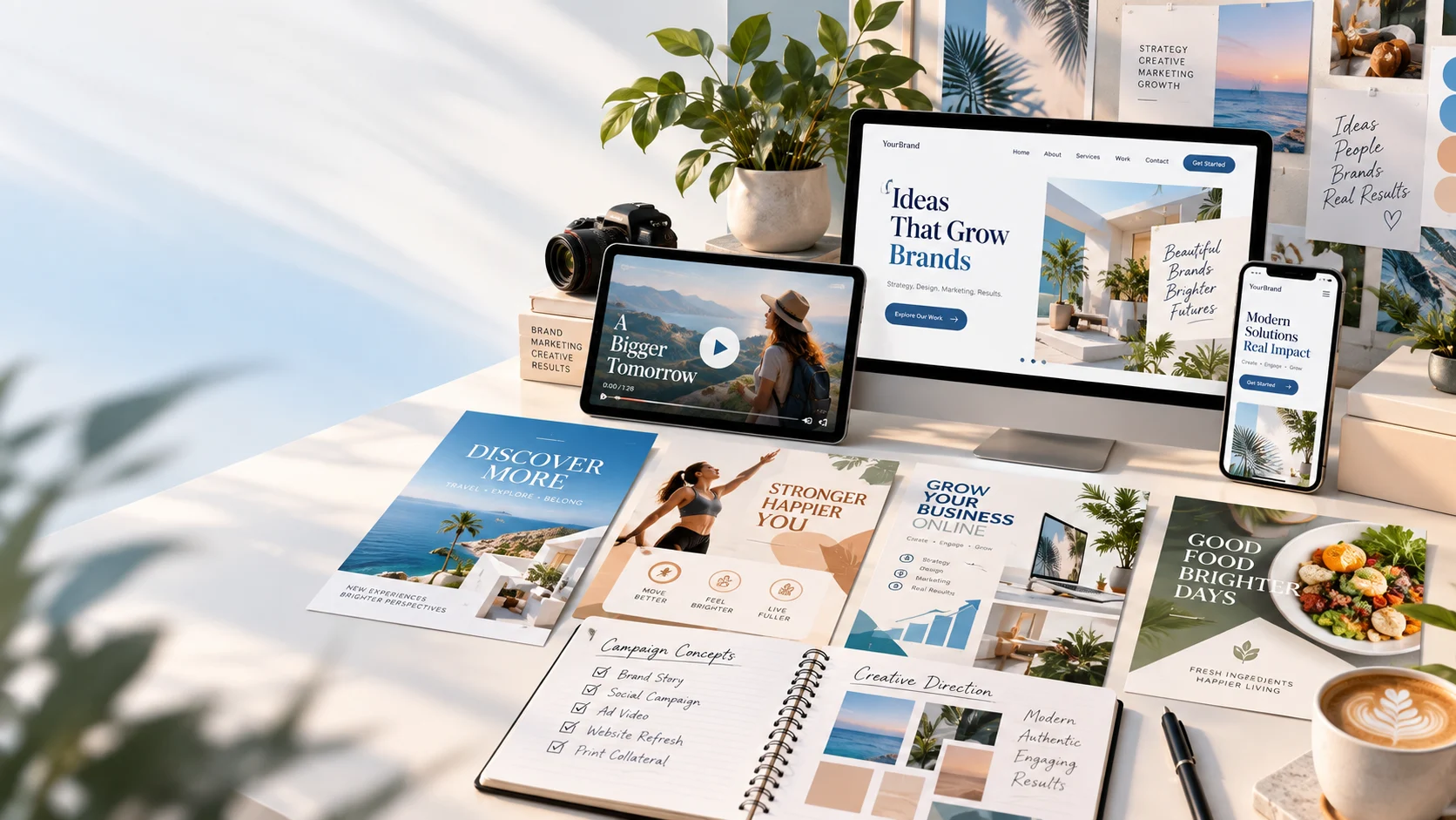 Creative studio scene with print pieces, a video preview, and website concepts